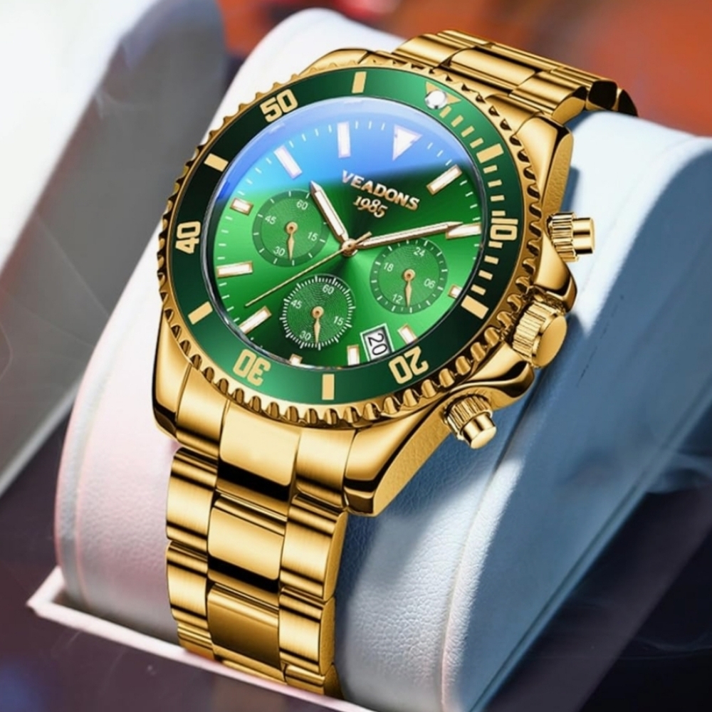 ⭐ Luxury Men's Gold & Green Chronograph Watch – 1985 | Model 5112 ⭐